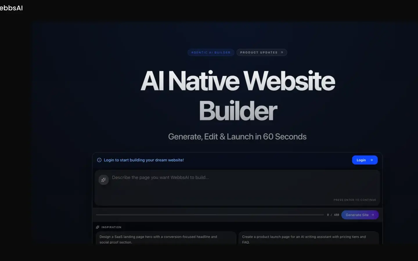 WebbsAI workspace with a canvas editor and site preview