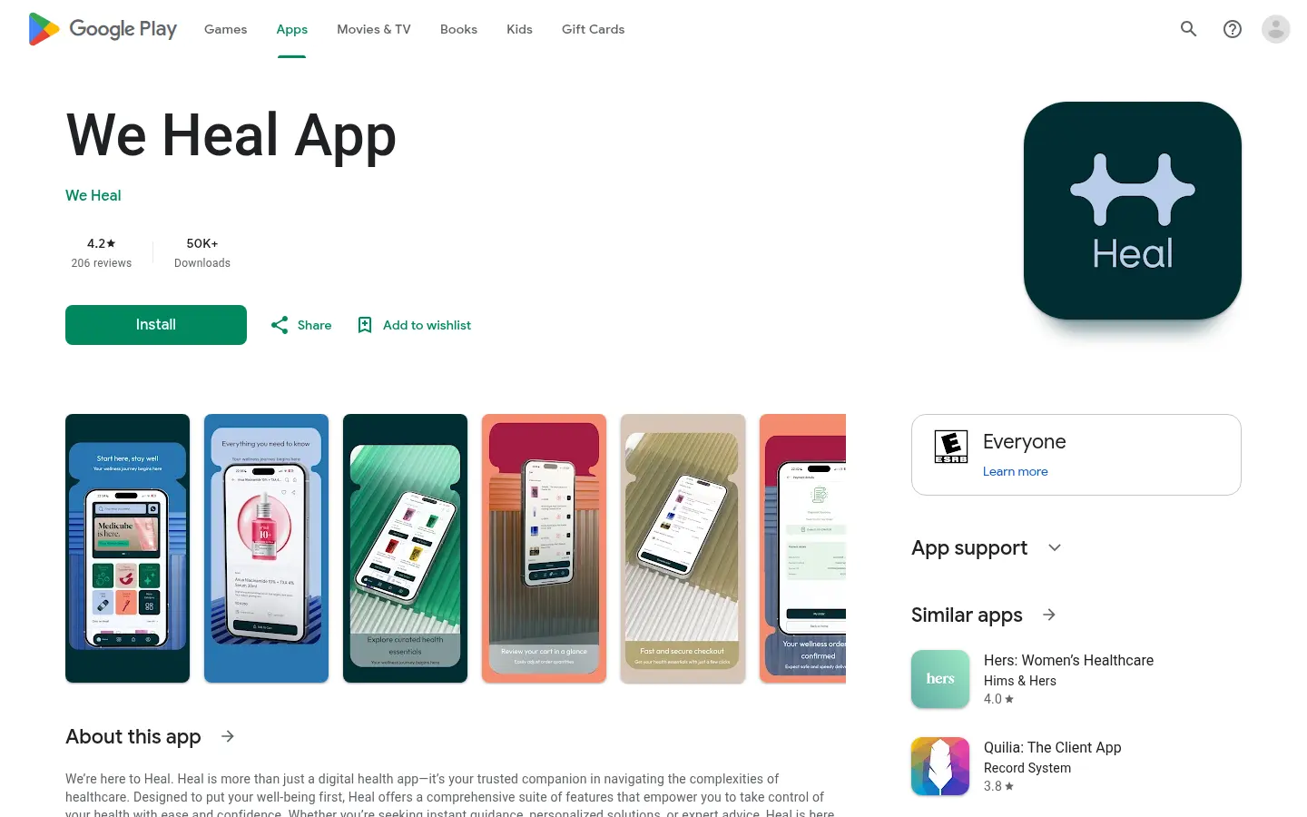 We Heal app listing on Google Play